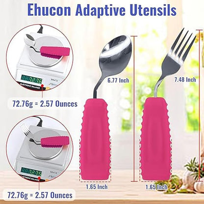 Adaptive Utensils Set for Hand Tremors,Arthritis and Parkinsons -Weighted Silverware with Non-Slip Handle to Easy Grip,Eating Flatware for Elderly Use (Left hand 1fork+1spoon=1set,Pink)