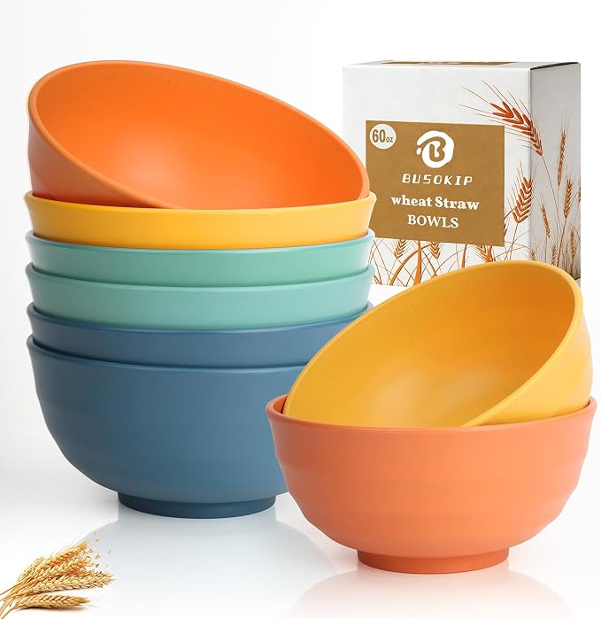 Wheat Straw Bowls 60oz, Unbreakable Ramen Bowl Set of 8, Large Plastic Bowls by BUSOKIP