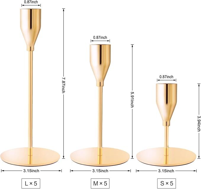 French Gold Taper Candle Holders for Wedding Table Centerpiece,Tall Taper Candlestick Holders Bulk Set of 15,Metal Candle Stick Holders for Dinning or Mantel Centerpiece,Party Home Decor