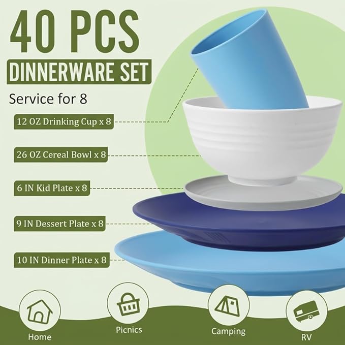 Dinnerware Set 40 PCS Wheat Straw Dishes Set - Image 2