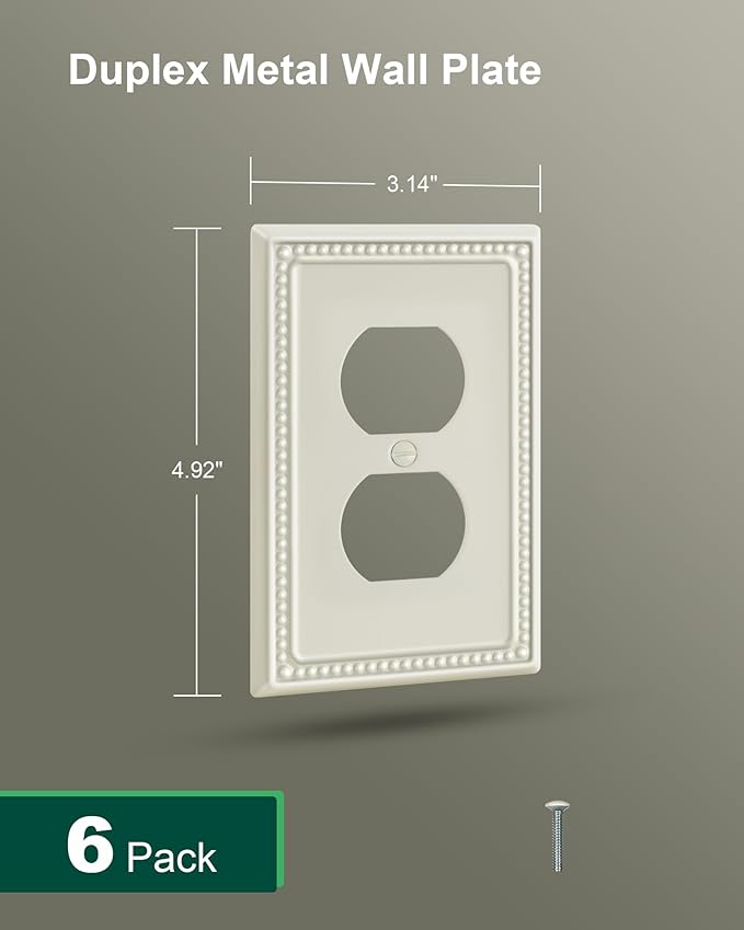 6-Pack Duplex Outlet Cover Plate, Light Almond Metal Wall Plates for Electrical Outlets, 1 Gang Receptacle Light Switch Cover, Pearls Decorative Switch Plates and Outlet Covers