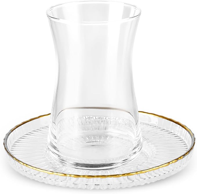KARACA Nilufer 12-Piece Turkish Tea Glass & Saucer Set, 5.7 oz Gold Trim Clear - Image 7