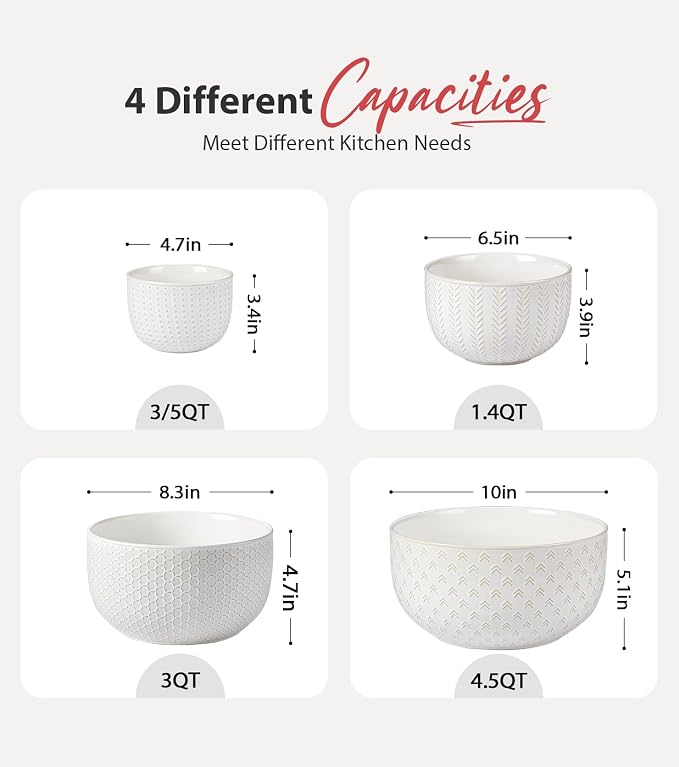 Lareina Ceramic Large Mixing Bowls Set of 4, 20/44/98/145 OZ, Ivory White | - Image 3