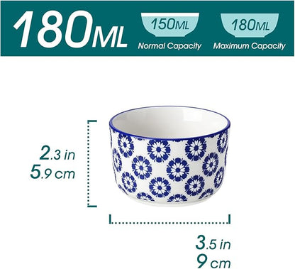 vancasso Selene 6 oz Ceramic Ramekins Set of 6, Microwave & Dishwasher Safe Souffle Cups for Baking, Dip & Sauce, Desserts, Handcrafted Blue Floral Bowls