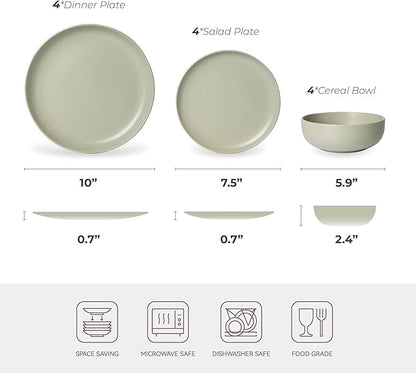 12-Piece Matte Green Dinnerware Set,Stoneware Dinnerware for 4, Microwave & Dishwasher Safe, Stackable Design for Kitchen and Dining - Plates and Bowls