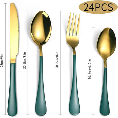 24 Piece Gold & Green Silverware - Image 2