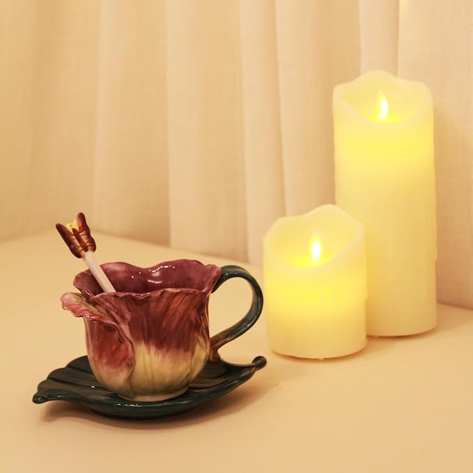 Ceramic Tea Cup and Saucer Set ，6OZ 3D Hand-Painted Flower and Lotus Leaf - Image 7