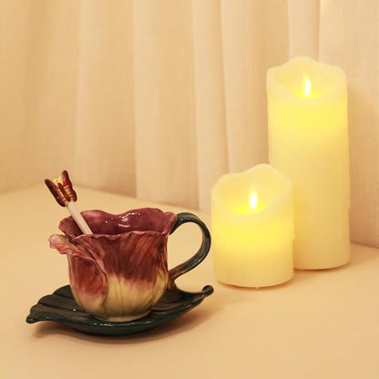 Ceramic Tea Cup and Saucer Set ，6OZ 3D Hand-Painted Flower and Lotus Leaf - Image 7