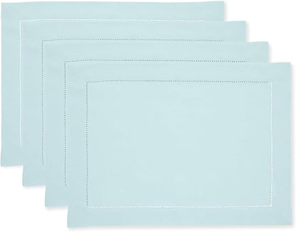 Solino Home Linen Cloth Placemats Set of 4-100% Pure Linen Hemstitch Aqua Blue Placemats 14 x 19 Inch - Classic Hemstitch Table Place Mats for Winter, Spring, Easter