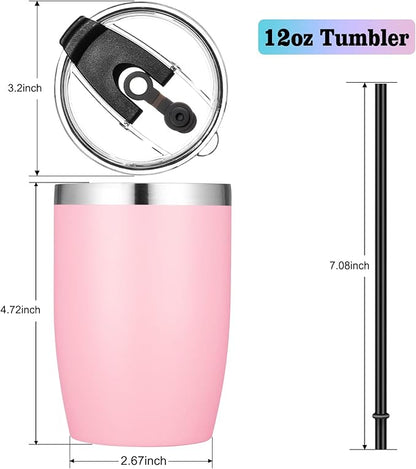 VEGOND Stainless Steel 12 oz Tumblers bulk Vacuum Insulated Double Wall Travel Tumbler with Lid and Straw Reusable Tumbler,Pink 12 pack