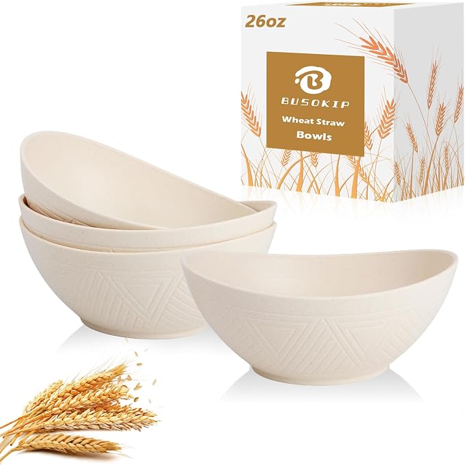 Wheat Straw Bowls Set of 4, Unbreakable Cereal Bowl 26 OZ, Microwave & by BUSOKIP