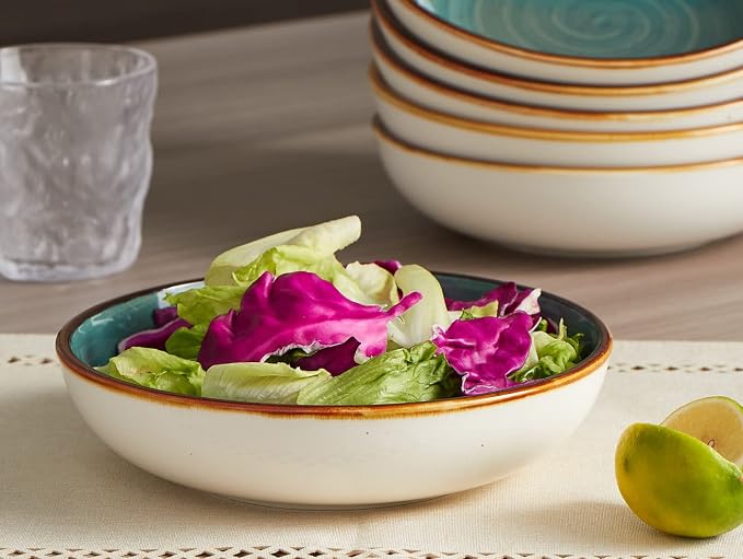 ONEMORE Porcelain Salad Pasta Bowls 30 Ounce, Shallow & Wide Serving Bowls - Image 4