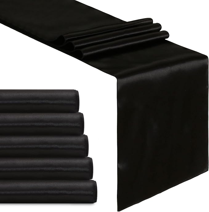 5 Pcs Black Satin Table Runners 12x108 inch Bright Satin Silk Fabric | Smooth by B-COOL