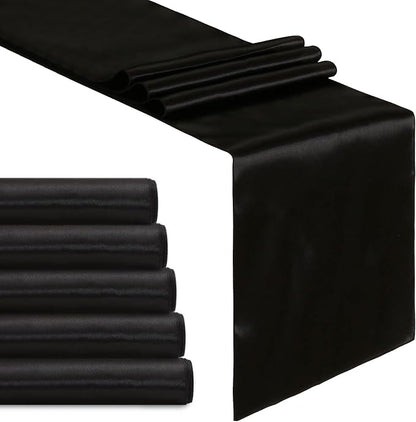 5 Pcs Black Satin Table Runners 12x108 inch Bright Satin Silk Fabric | Smooth by B-COOL