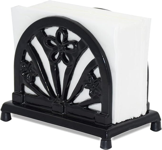 Napkin Holder for Table, Vintage Cast Iron Paper Napkins Tissue Dispenser with Daffodil Pattern for Kitchen Dining Room Countertop Decor, Black