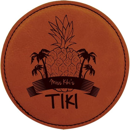 Custom Engraved Coasters | Personalized Leather Coaster | Set of 6 | Drink Coasters with Holder | Laser Engraved | Tabletop Protection | Gift for Couples (Round 4", Rawhide w/Black)