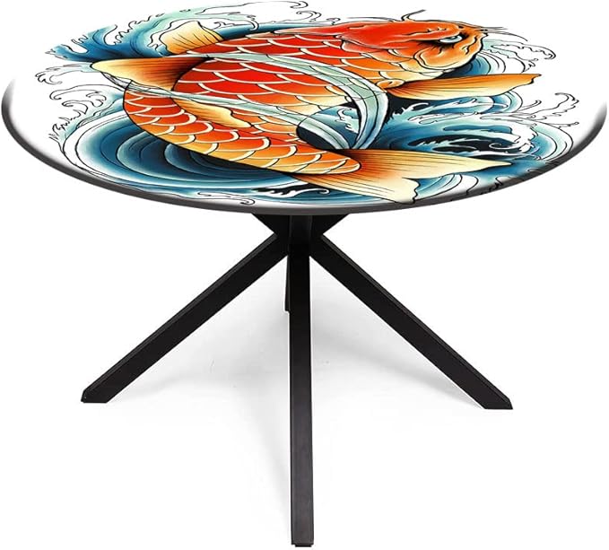 Round Tablecloth, Koi Fish Tablecloth for Side Table, Tattoo Style Japanese Wave, Fit Round Tables 61inch Diameter, for Outdoor Indoor Use, Multicolor