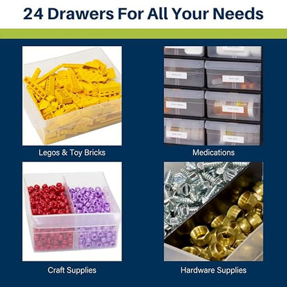 Akro-Mils 24-Drawer Plastic Drawer Storage Cabinet for Garage Organization, Bead Organizer, Building Bricks Storage, Teacher Toolbox, Makeup Organizer, 20-Inch W x 6-Inch D x 16-Inch H, 10124 White