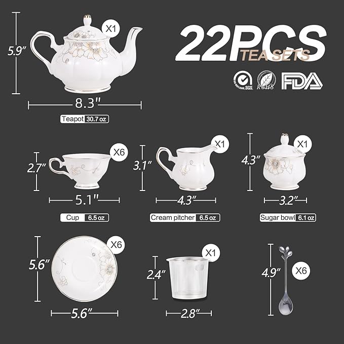 CHENP.HMC Tea Set 22-Piece Porcelain Ceramic Coffee | Tea Gift Sets Cups Saucer - Image 3