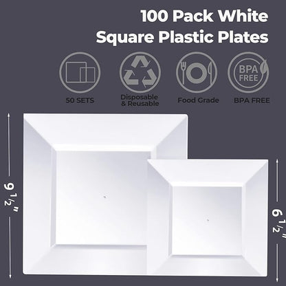 Goodluck 100 Pack Square Plastic Plates, Heavy Duty 50 Dinner Plates 9.5" and 50 Dessert Plates 6.5", Fancy Disposable Plates for Wedding, Holiday Party, Birthday, White