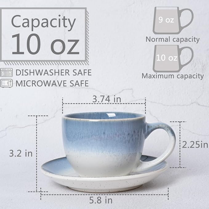 Bosmarlin Ceramic Cappuccino Cup and Saucer Set of 2, 10 Oz, Dishwasher and - Image 2