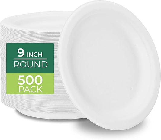 Freshware Paper Plates - Disposable 9" Plate, 500-Pack Biodegradable Sugarcane Dinner Plates - Heavy Duty Dinnerware for Hot Food - Microwave & Freezer Safe, Stackable Dinnerware