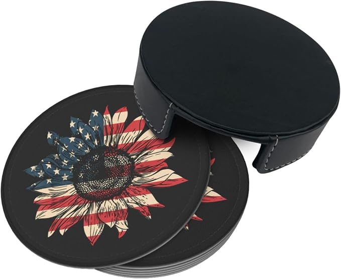 6 Pcs America Sunflower Flag 4th July Patriotic Leather Coasters - Image 4