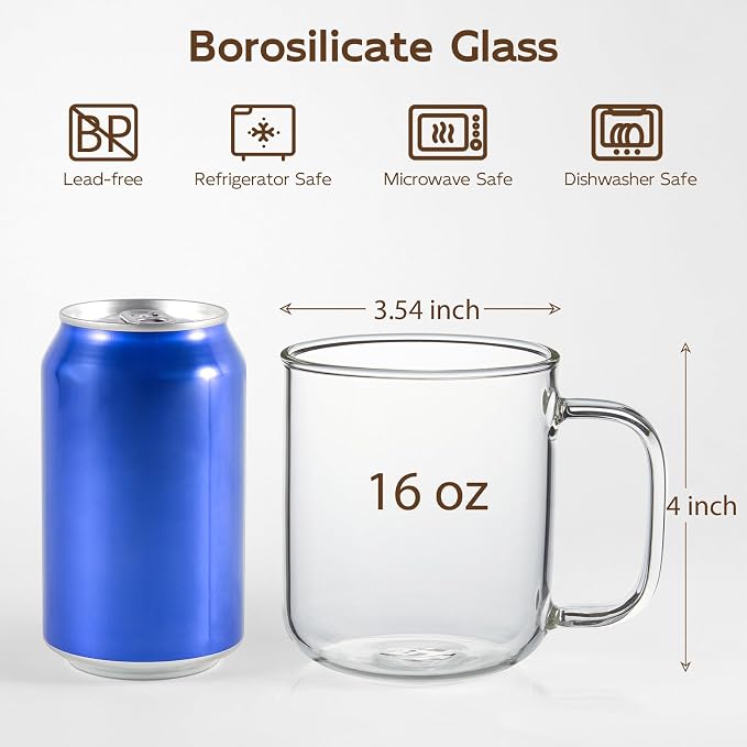 Glass Coffee Mugs, 16 oz Ice coffee cups, Large Clear Tea Cups Set of 2 - Image 2