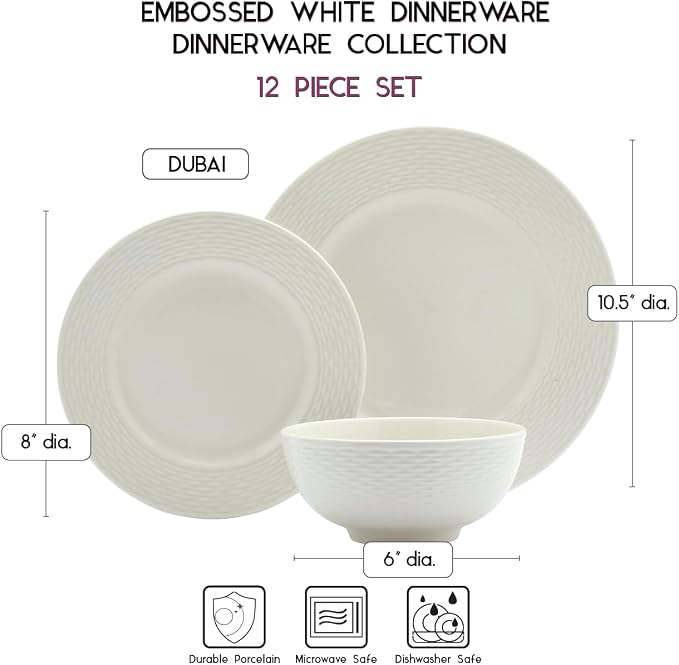 Tabletops Gallery Embossed Bone White Porcelain Round Dinnerware Collection- - Image 4
