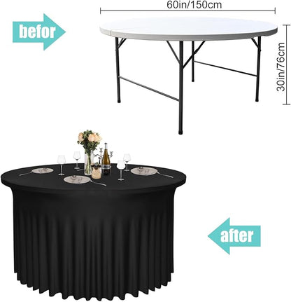 2 Pack Black Round Table Skirt, 60 Inch Diameter x 30 Inch Height, Stretch Polyester Spandex Tablecloth for 5ft Round Tables, Stain & Wrinkle Resistant for Wedding, Party, Banquet Decor