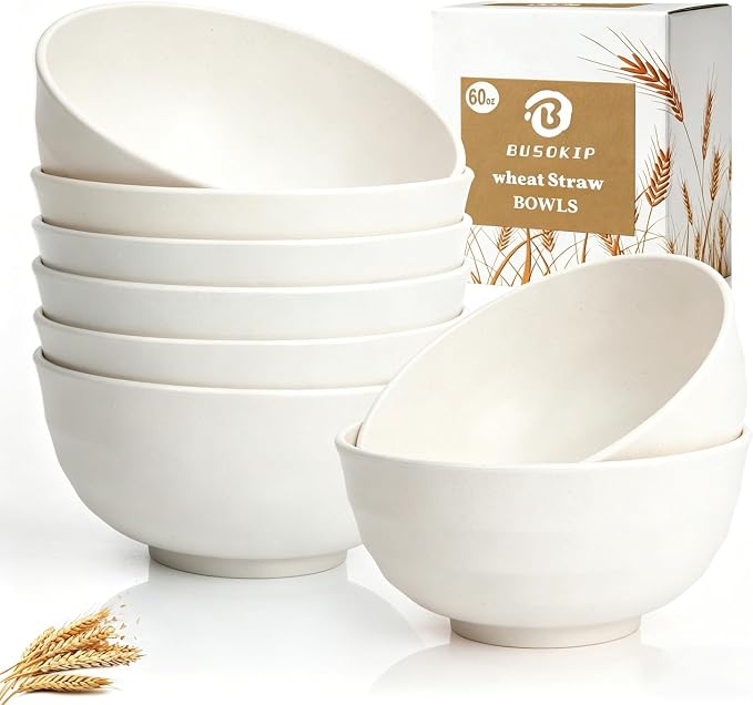 Soup Bowls 60oz, Unbreakable Wheat Straw Bowls Sets of 8, Large Kitchen Bowls by BUSOKIP