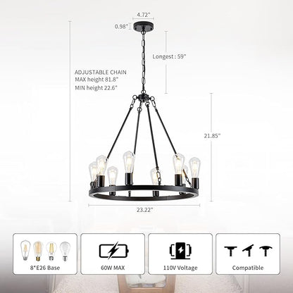 8-Light Wagon Wheel Chandelier, Farmhouse Chandelier Dining Room Light Fixture, Black Round Industrial Rustic Pendant Lighting, Vintage Hanging Lights for Kitchen Island Living Room Bedroom Entryway