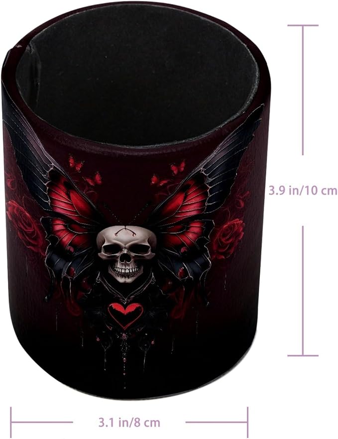 Leather Pen Holder for Desk, Skull Butterfly Pencil Cup Pen Organizer Makeup - Image 3