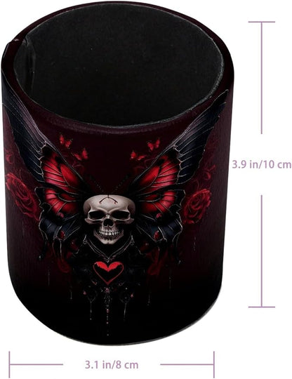 Leather Pen Holder for Desk, Skull Butterfly Pencil Cup Pen Organizer Makeup - Image 3