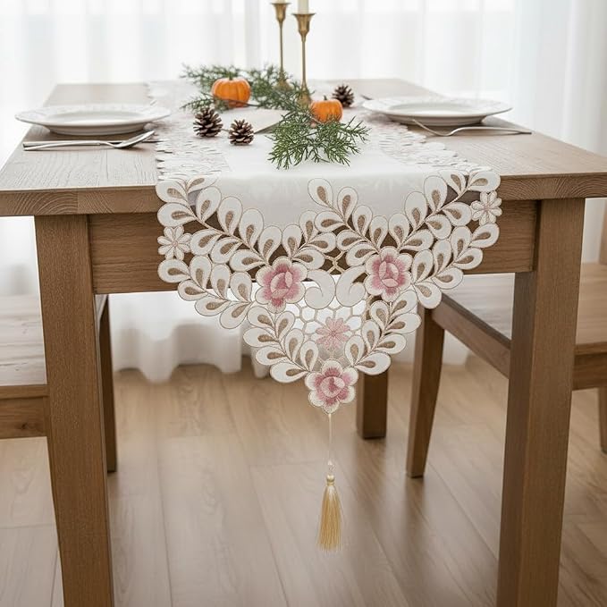 Classic Flowers Dining Table Runner Embroidery Tassel Floral Lace Table Runners - Image 2