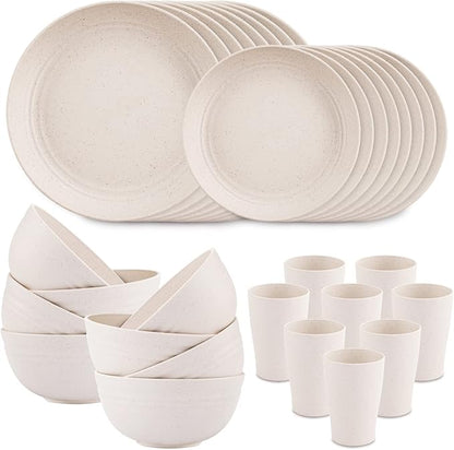 Supernal Wheat Straw Dinnerware Sets,Dish Sets for 8,Plates and Bowls Set Dishwasher Safe,Unbreakable Dinnerware,Reusable Plastic Plates,Beige Color 16pcs Plates, 8pcs Bowls, 8pcs Cups.