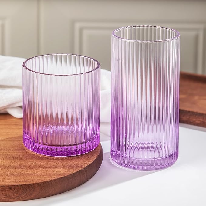 Ribbed Drinking Glasses 8pcs, 12oz and 10oz Glassware, Tumbler Glasses Cup Set by Lumkit