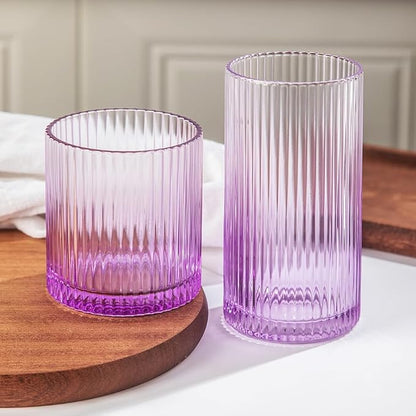 Ribbed Drinking Glasses 8pcs, 12oz and 10oz Glassware, Tumbler Glasses Cup Set by Lumkit