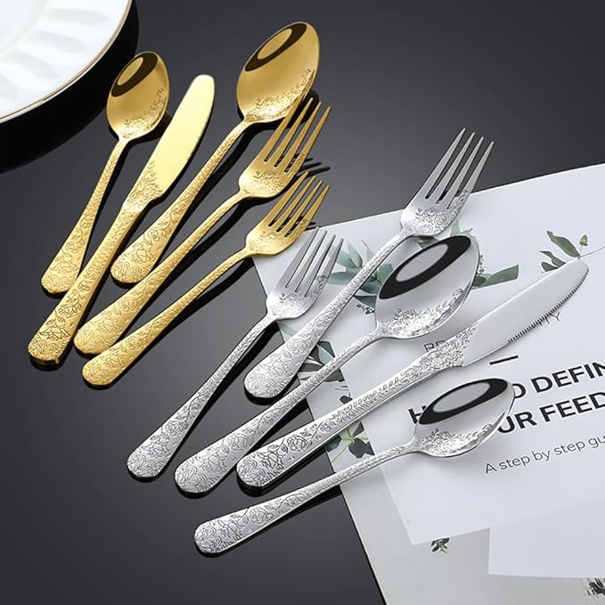 20-piece flowers TWEE Silverware Set for 4, Palace Style Stainless Steel Flatware Cutlery Serving Utensils, Eating Tableware for Home Kitchen Hotel Restaurant, Mirror Polished