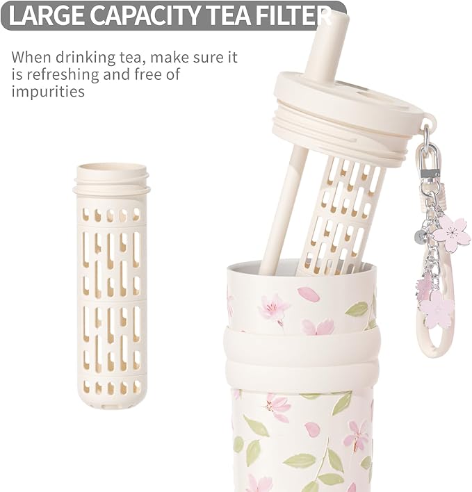 18.5 oz Thermo Cup with Straw, Floral Embossed Designed Car Cup, Vacuum - Image 3