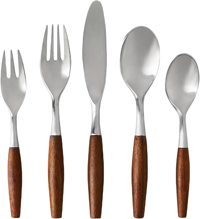 5-Piece Teak Retro Nordic 304 Stainless Steel Flatware Set – Elegant Silverware by Unknown