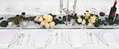 GATHER 176 Pieces Silver Plates - Disposable Silver Plastic Plates Includes 50 Plates, 75 Silverware, 25 Napkins, 25 Silver Rimmed Cups and 1 Tablecloth Perfect for Party & Weding