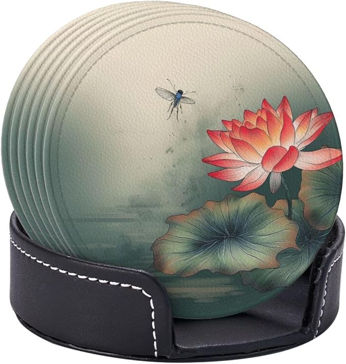 6Pcs PU Leather Coaster for Drinks, Lakeside Flower and Dragonfly Cup Coasters - Image 9