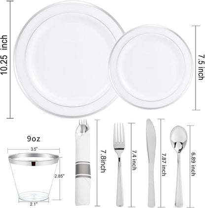 WELLIFE 700 Pcs Silver Plastic Plates for 100 Guests -Party Supplies Includes 200 Silver Plates,300 Plastic Silverware,100 Napkins,100 Cups for Party and Wedding