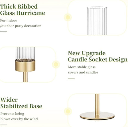 Gold Hurricane Taper Candle Holders: Glasseam 3Pcs Brass Candlestick Holders with Ribbed Glass Cylinder Cover Fluted Tall Candle Sticks Holder Decor for Table Centerpiece Wedding Christmas Decorations