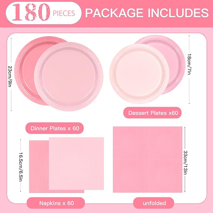 180Pcs Pink Party Supplies Paper Plates and Napkins Serve 60 | Disposable - Image 2