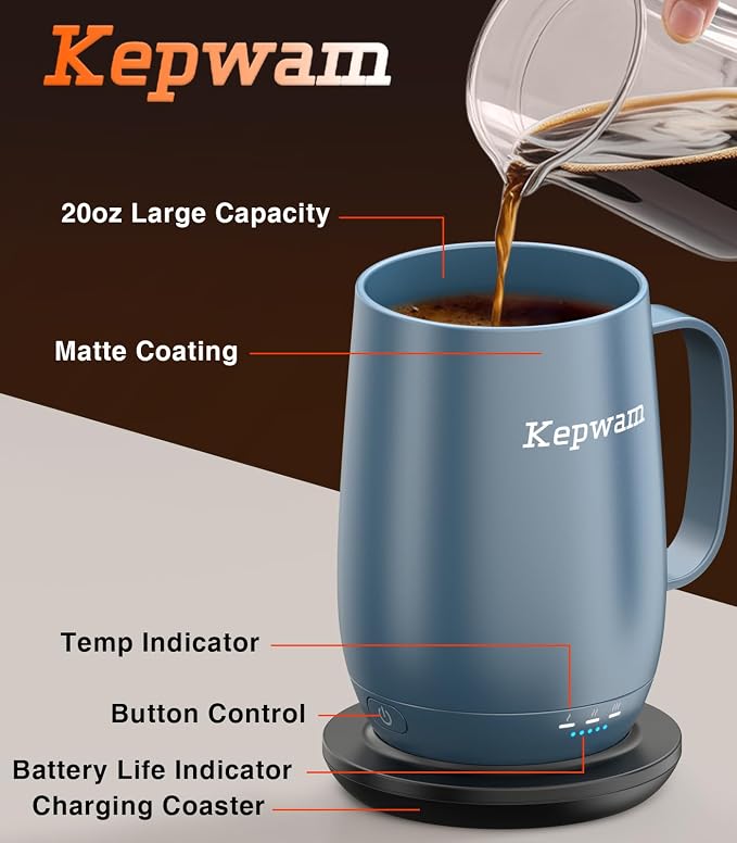 Kepwam Heated Coffee Mug T2-Plus, 20oz Large Capacity Longer Battery Life | - Image 3