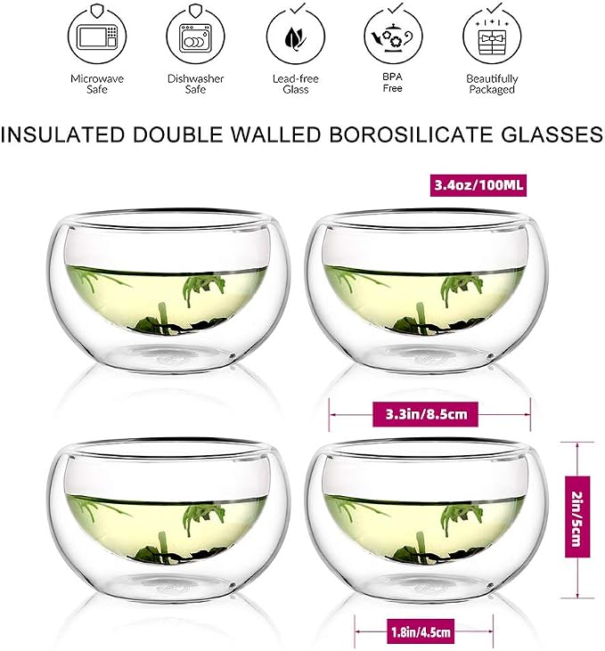 CNGLASS Double Wall Glass Tea Cup Set of 4, 100ml Asian Insulated Clear Teacups - Image 2