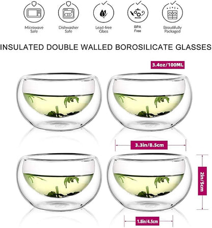 CNGLASS Double Wall Glass Tea Cup Set of 4, 100ml Asian Insulated Clear Teacups - Image 2