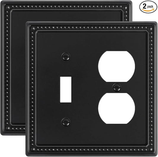 2-Pack Combo Toggle/Duplex Light Switch Cover Plate, Black Metal Wall Outlet Cover Plate, Decorative Beaded Wall Socket Receptacle Cover for Electrical Outlets, Light Switch